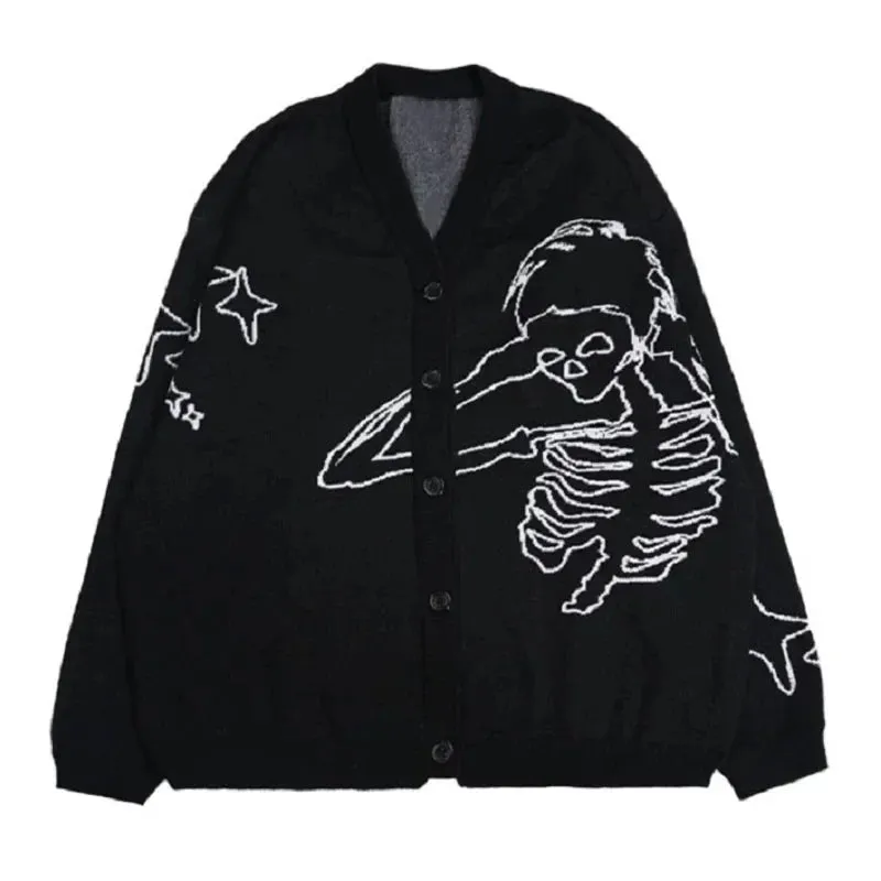 Back To School Sonicelife 2024 Fall Fashion  Harajuku Skeleton V Neck Cardigan Knitwear Men Clothing Men Pullovers Sweaters Creative Stripes Streetwear Maiden Women Knitted