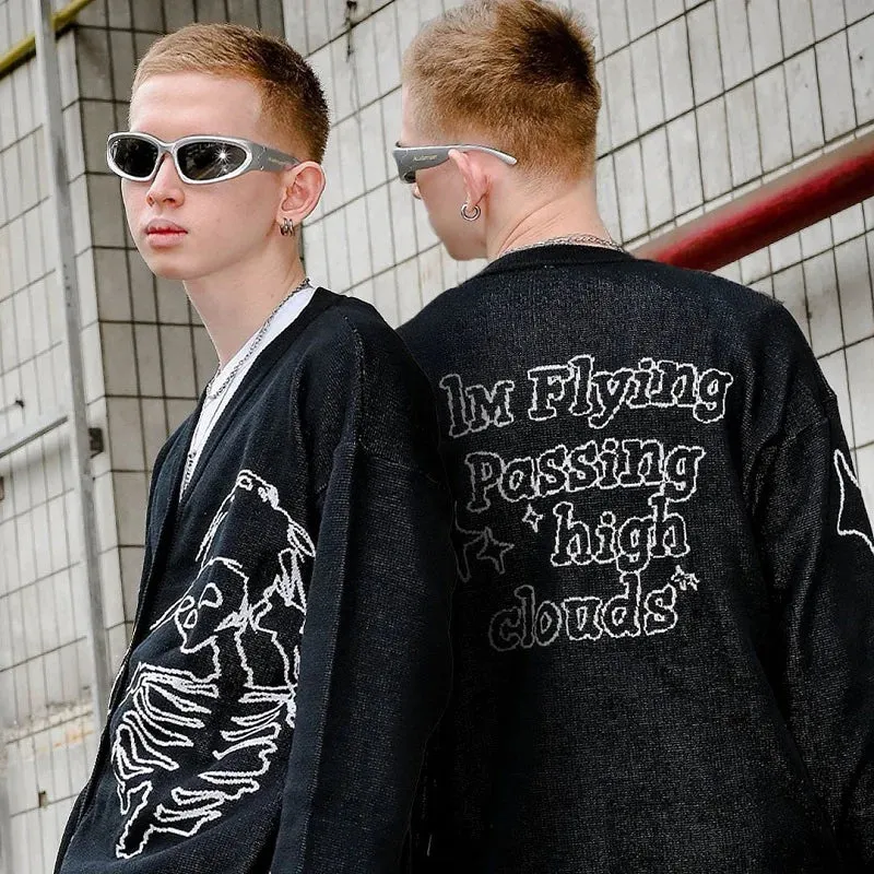 Back To School Sonicelife 2024 Fall Fashion  Harajuku Skeleton V Neck Cardigan Knitwear Men Clothing Men Pullovers Sweaters Creative Stripes Streetwear Maiden Women Knitted