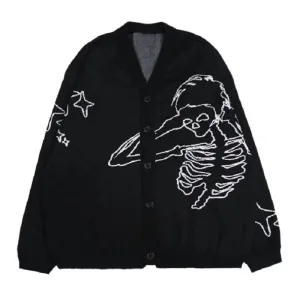 Back To School Sonicelife 2024 Fall Fashion  Harajuku Skeleton V Neck Cardigan Knitwear Men Clothing Men Pullovers Sweaters Creative Stripes Streetwear Maiden Women Knitted