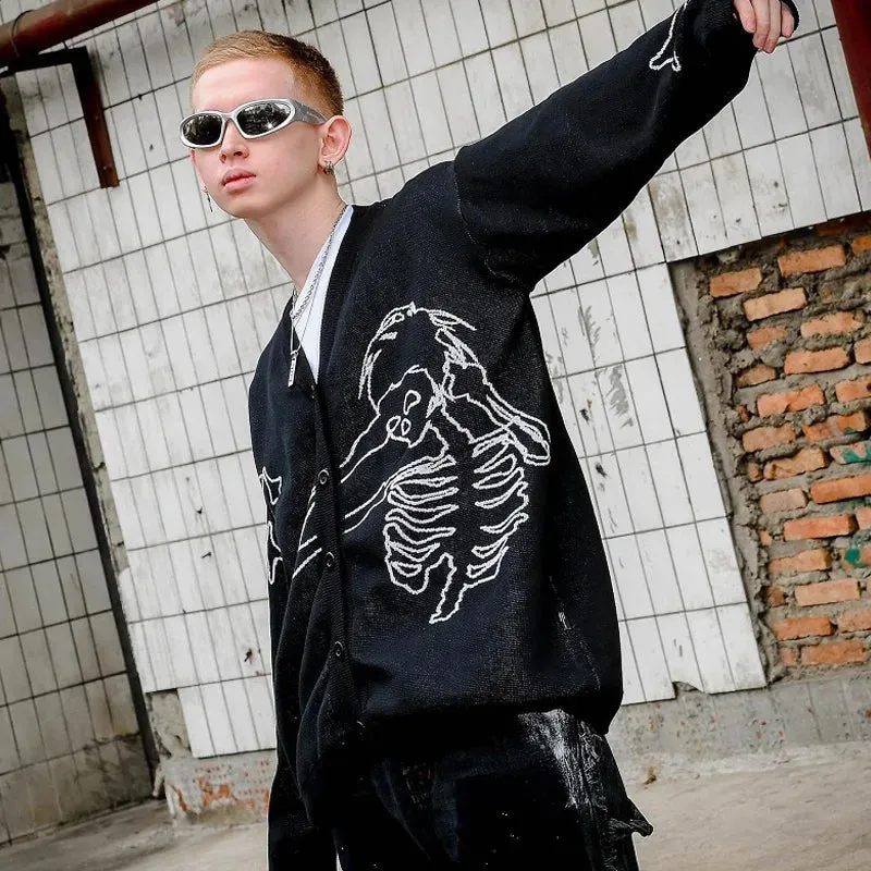 Back To School Sonicelife 2024 Fall Fashion  Harajuku Skeleton V Neck Cardigan Knitwear Men Clothing Men Pullovers Sweaters Creative Stripes Streetwear Maiden Women Knitted