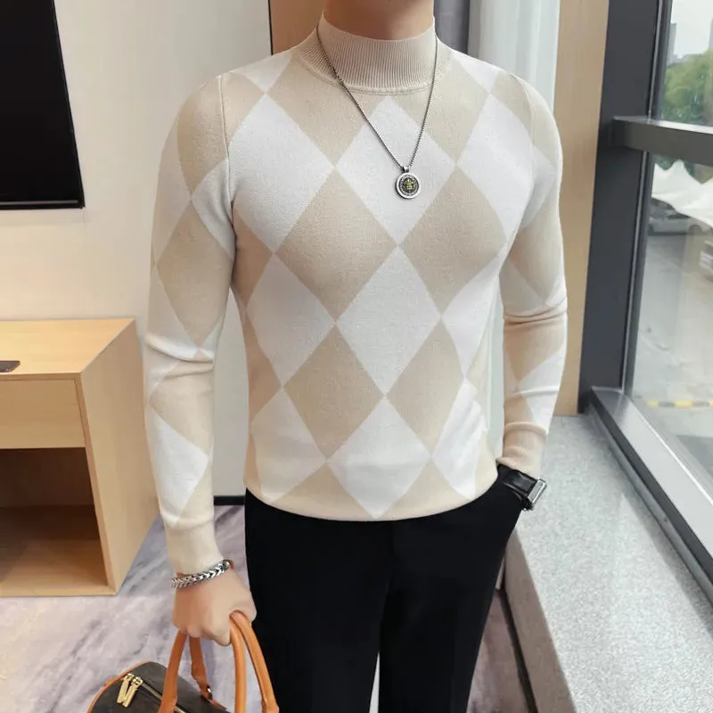 Bonsir Autumn Winter New Half High Neck Slim Fit Sweaters For Men Fashion Rhombus Lattice Long Sleeves Casual Knitted Stretch Sweater