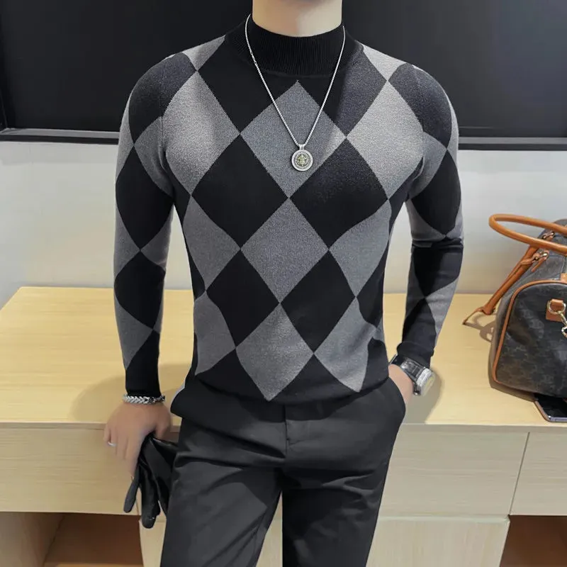 Bonsir Autumn Winter New Half High Neck Slim Fit Sweaters For Men Fashion Rhombus Lattice Long Sleeves Casual Knitted Stretch Sweater
