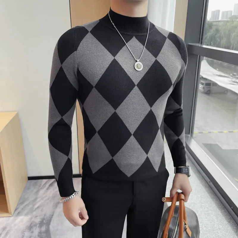 Bonsir Autumn Winter New Half High Neck Slim Fit Sweaters For Men Fashion Rhombus Lattice Long Sleeves Casual Knitted Stretch Sweater