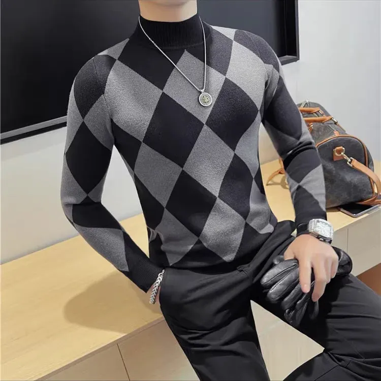 Bonsir Autumn Winter New Half High Neck Slim Fit Sweaters For Men Fashion Rhombus Lattice Long Sleeves Casual Knitted Stretch Sweater