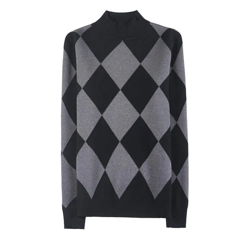 Bonsir Autumn Winter New Half High Neck Slim Fit Sweaters For Men Fashion Rhombus Lattice Long Sleeves Casual Knitted Stretch Sweater