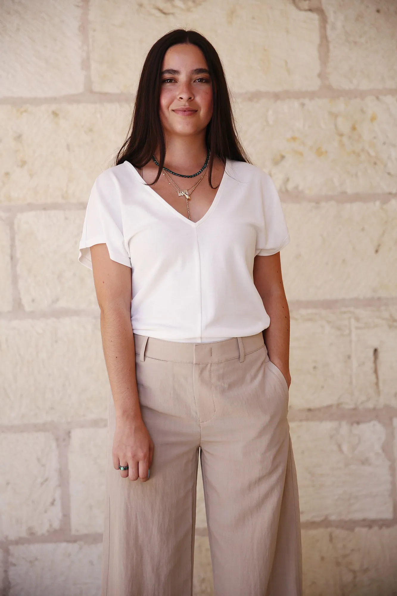 Cotton Flutter Dolman-Sleeve V-Neck T-Shirt Off White