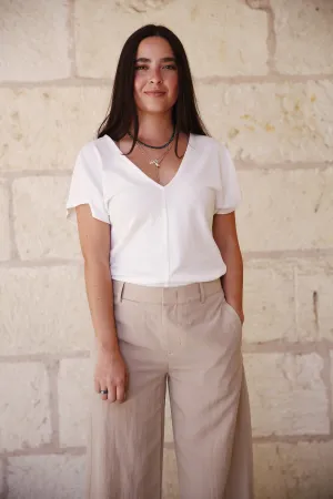Cotton Flutter Dolman-Sleeve V-Neck T-Shirt Off White