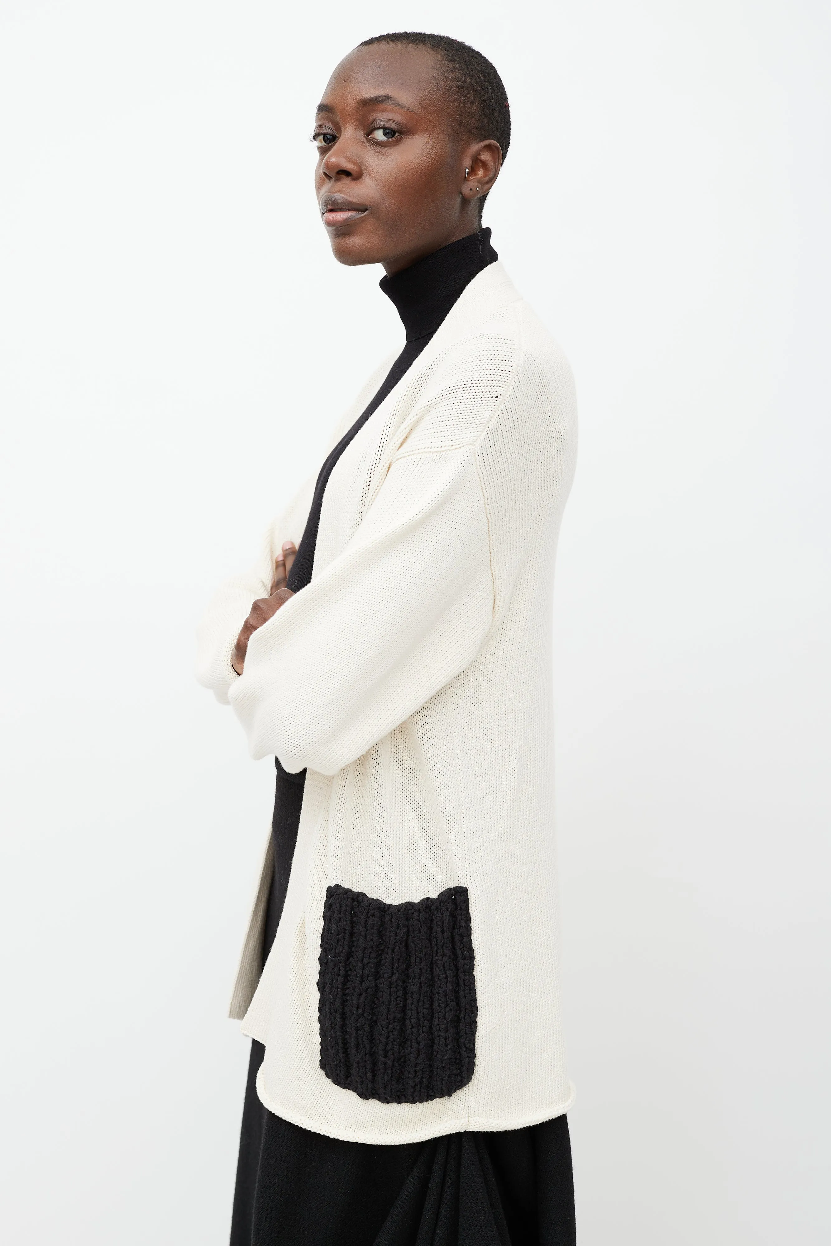 Cream & Black Knit Open Cardigan