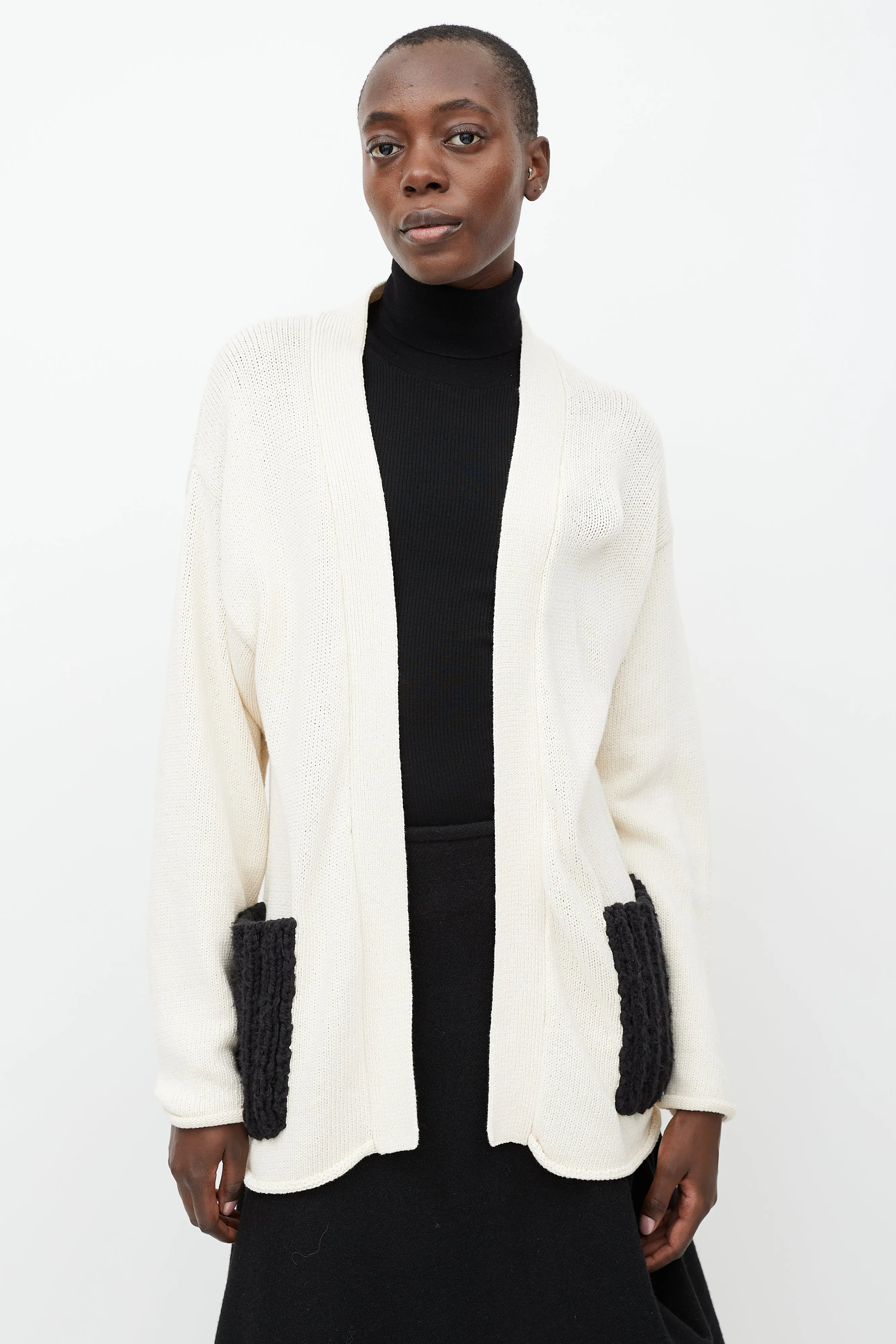 Cream & Black Knit Open Cardigan