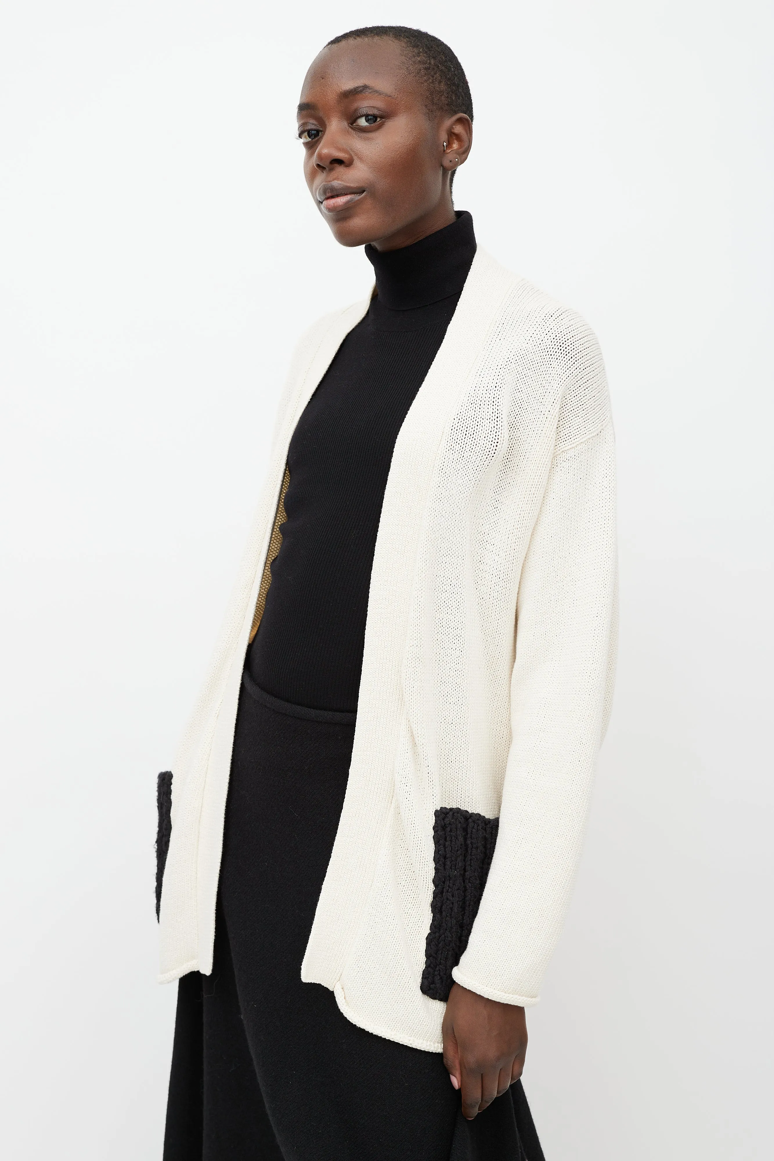 Cream & Black Knit Open Cardigan