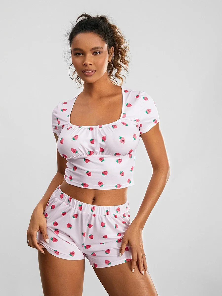 Cute Pajama Set for Women Strawberry Print Short Sleeve Square Neck T-shirt with Shorts Sleepwear Loungewear