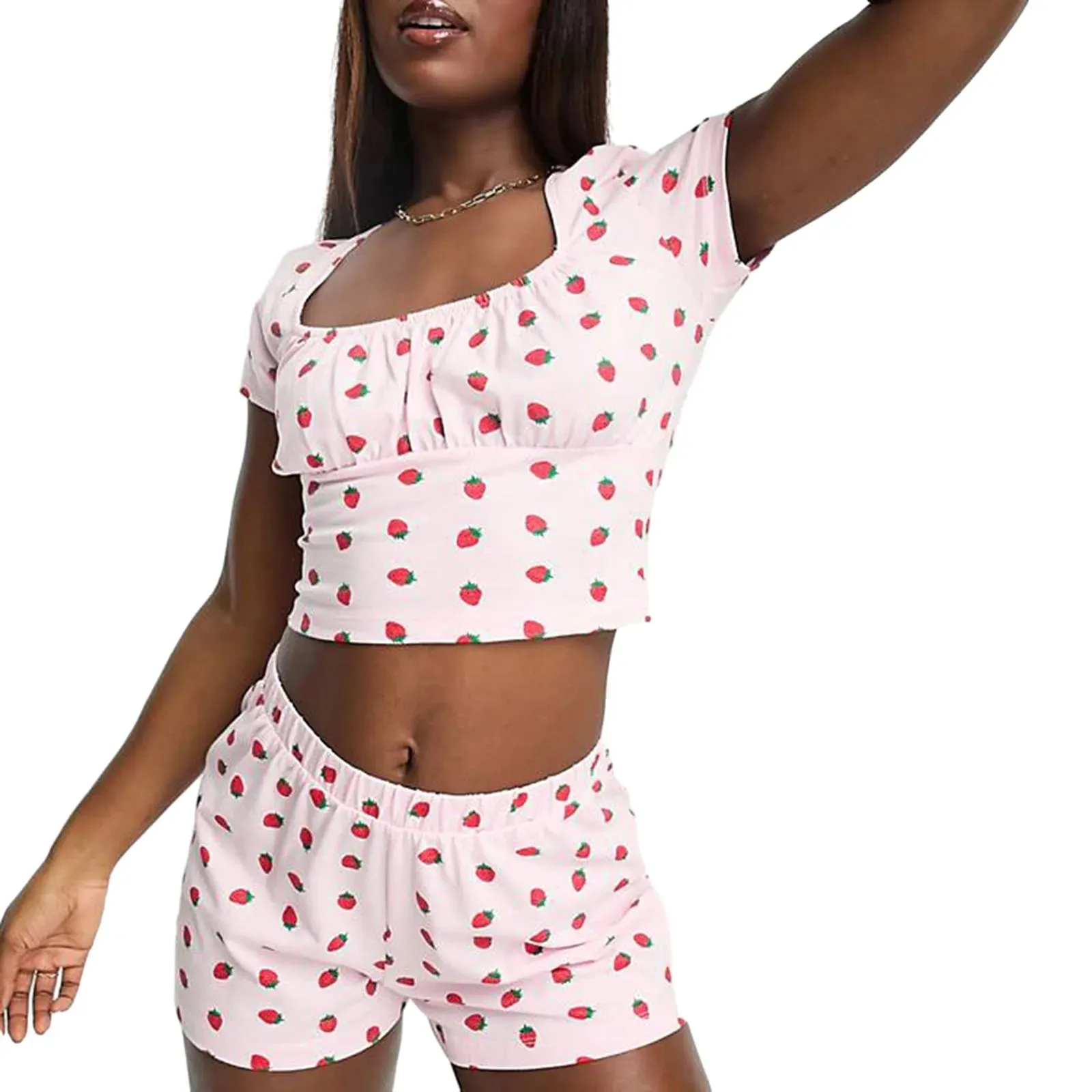 Cute Pajama Set for Women Strawberry Print Short Sleeve Square Neck T-shirt with Shorts Sleepwear Loungewear