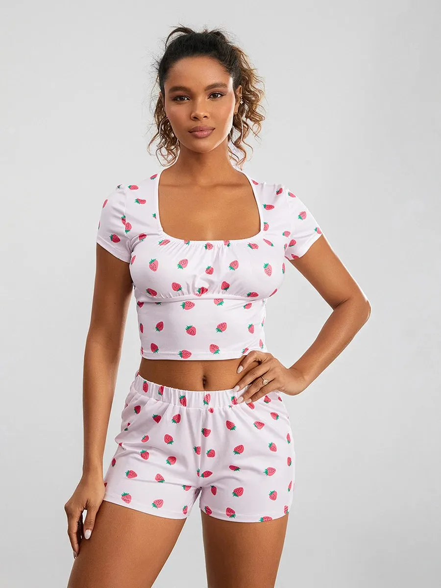 Cute Pajama Set for Women Strawberry Print Short Sleeve Square Neck T-shirt with Shorts Sleepwear Loungewear