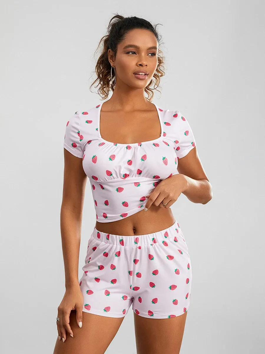 Cute Pajama Set for Women Strawberry Print Short Sleeve Square Neck T-shirt with Shorts Sleepwear Loungewear