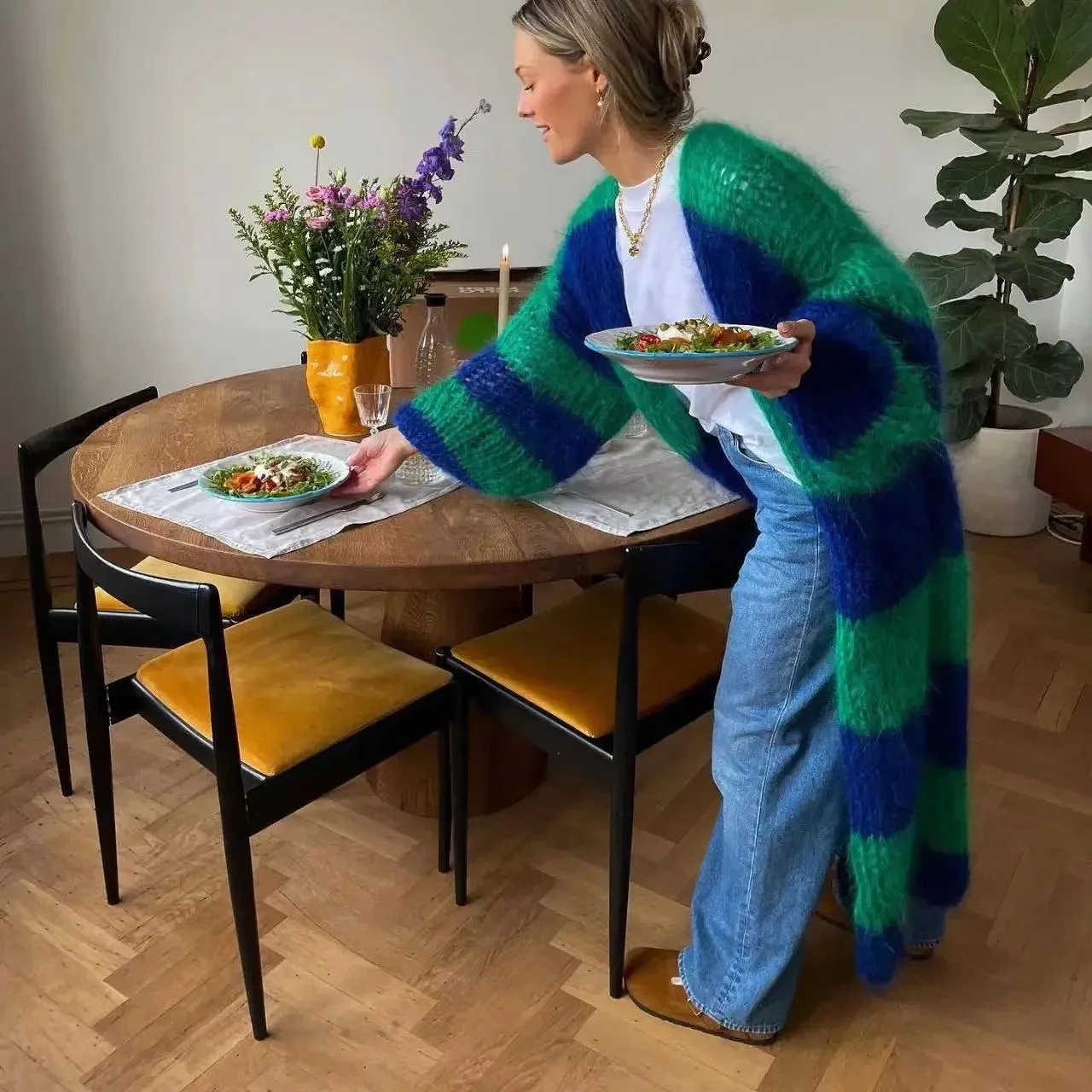 DERMEARNE 2025 Autumn Striped Women Sweater Long Cardigan Keep Warm Loose Sweaters Female New Winter Elegant Casual Trendy Ladies Clothes