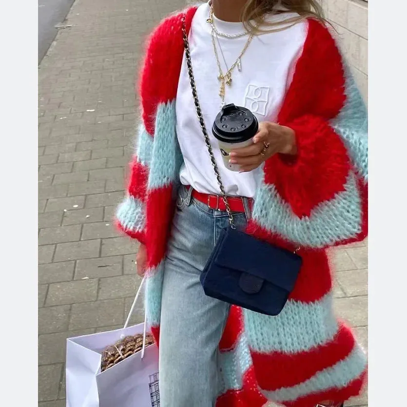 DERMEARNE 2025 Autumn Striped Women Sweater Long Cardigan Keep Warm Loose Sweaters Female New Winter Elegant Casual Trendy Ladies Clothes