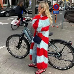 DERMEARNE 2025 Autumn Striped Women Sweater Long Cardigan Keep Warm Loose Sweaters Female New Winter Elegant Casual Trendy Ladies Clothes