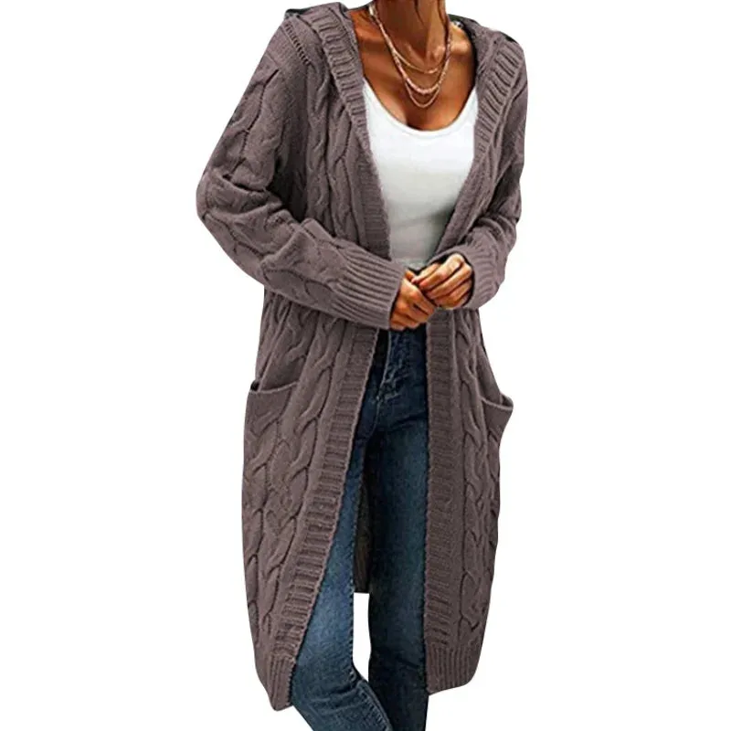 DERMEARNE Autumn Winter Women'S Cardigan  Long Sweater Coats With Pockets Knit Open Front Hooded Sweater Cardigans Cable Knit Sweaters