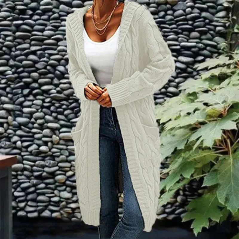 DERMEARNE Autumn Winter Women'S Cardigan  Long Sweater Coats With Pockets Knit Open Front Hooded Sweater Cardigans Cable Knit Sweaters