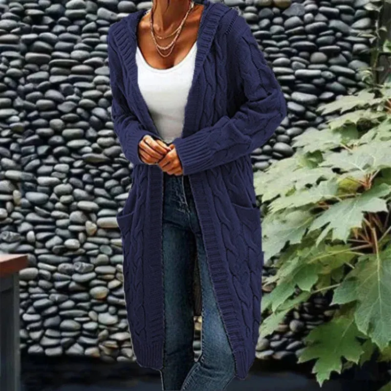 DERMEARNE Autumn Winter Women'S Cardigan  Long Sweater Coats With Pockets Knit Open Front Hooded Sweater Cardigans Cable Knit Sweaters