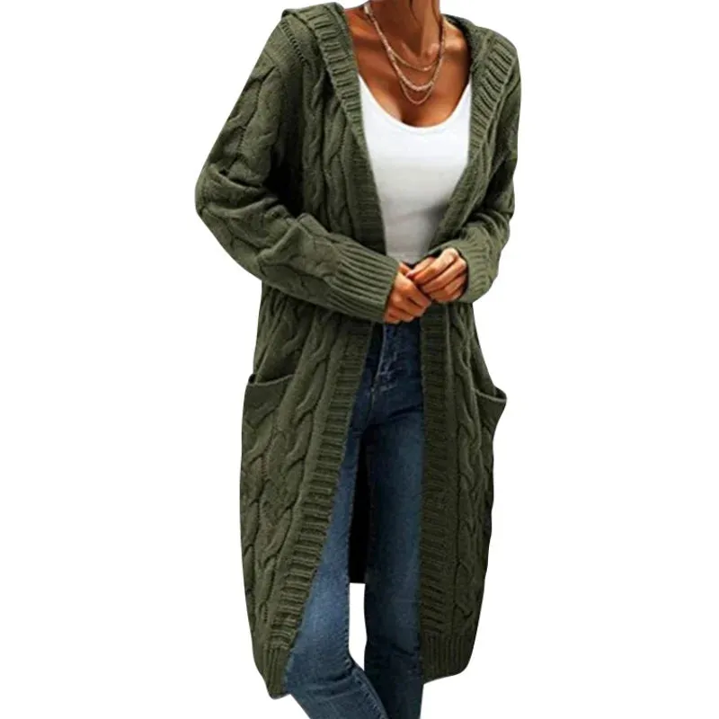 DERMEARNE Autumn Winter Women'S Cardigan  Long Sweater Coats With Pockets Knit Open Front Hooded Sweater Cardigans Cable Knit Sweaters