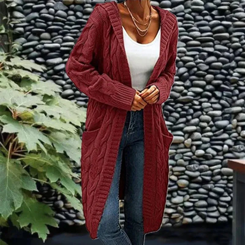 DERMEARNE Autumn Winter Women'S Cardigan  Long Sweater Coats With Pockets Knit Open Front Hooded Sweater Cardigans Cable Knit Sweaters