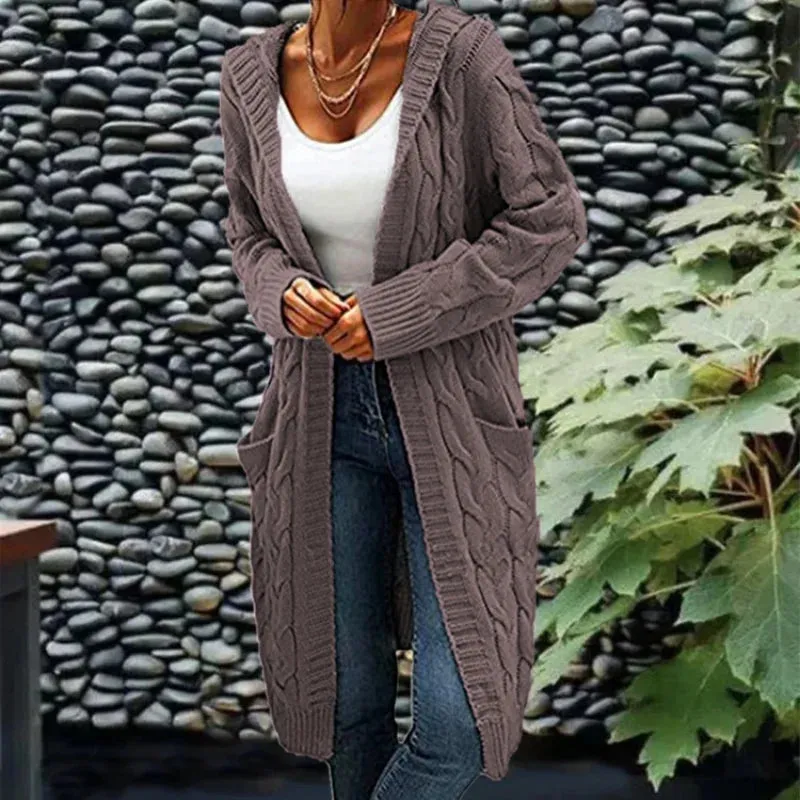 DERMEARNE Autumn Winter Women'S Cardigan  Long Sweater Coats With Pockets Knit Open Front Hooded Sweater Cardigans Cable Knit Sweaters