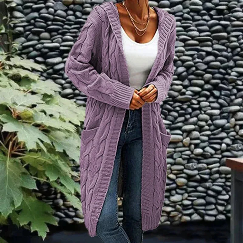 DERMEARNE Autumn Winter Women'S Cardigan  Long Sweater Coats With Pockets Knit Open Front Hooded Sweater Cardigans Cable Knit Sweaters