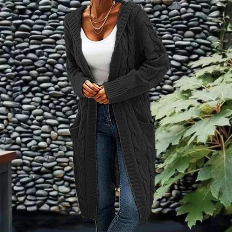 DERMEARNE Autumn Winter Women'S Cardigan  Long Sweater Coats With Pockets Knit Open Front Hooded Sweater Cardigans Cable Knit Sweaters