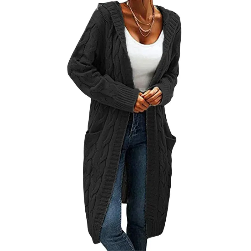 DERMEARNE Autumn Winter Women'S Cardigan  Long Sweater Coats With Pockets Knit Open Front Hooded Sweater Cardigans Cable Knit Sweaters