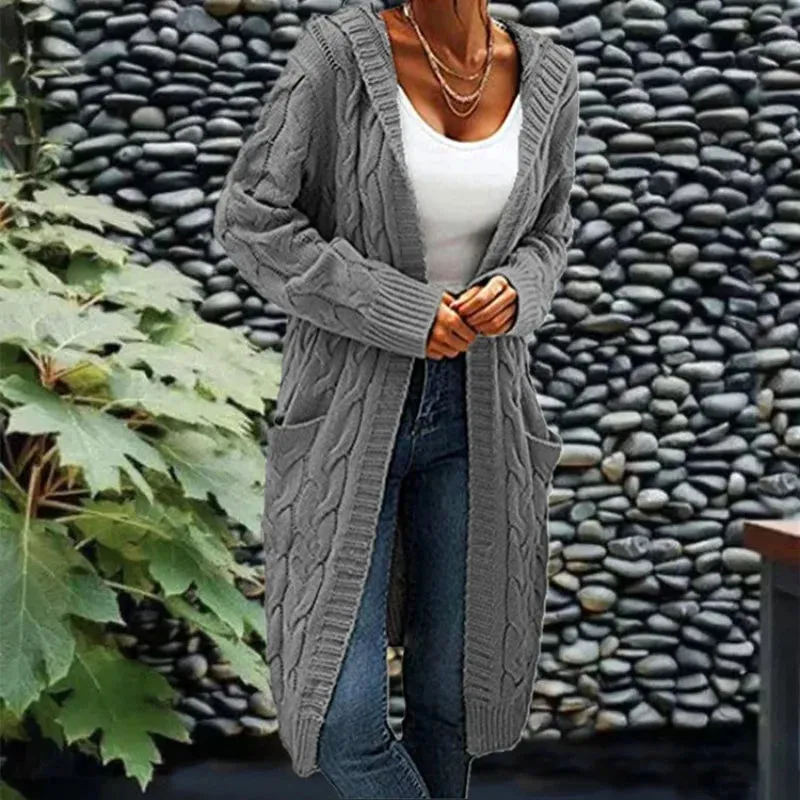 DERMEARNE Autumn Winter Women'S Cardigan  Long Sweater Coats With Pockets Knit Open Front Hooded Sweater Cardigans Cable Knit Sweaters