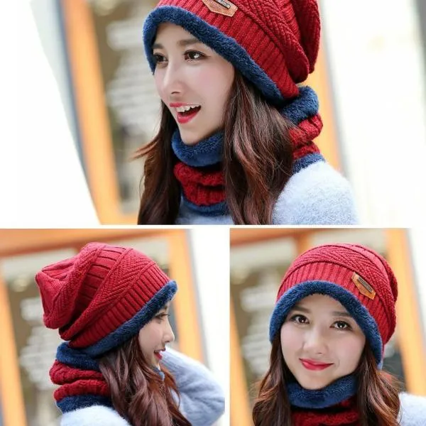 Knitted Winter Fleece Hat Scarf Set