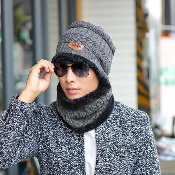 Knitted Winter Fleece Hat Scarf Set