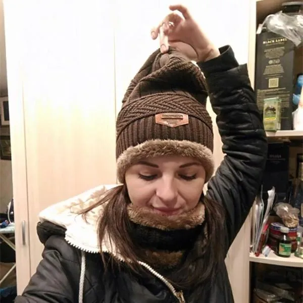 Knitted Winter Fleece Hat Scarf Set