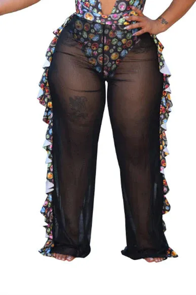 MB FASHION High-Waisted Mesh Pants with Ruffle Side Detail 1615
