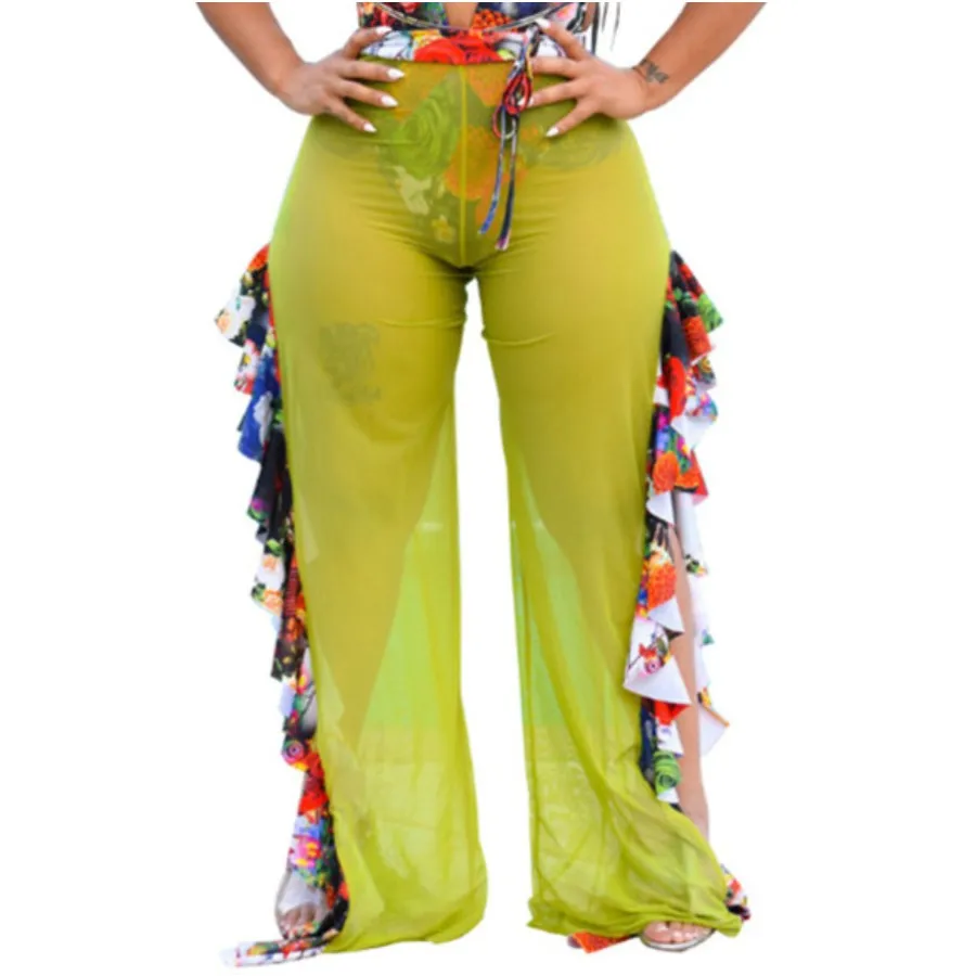 MB FASHION High-Waisted Mesh Pants with Ruffle Side Detail 1615