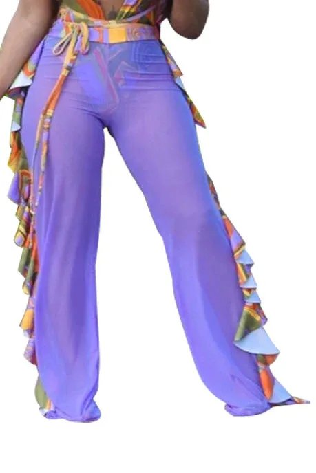 MB FASHION High-Waisted Mesh Pants with Ruffle Side Detail 1615