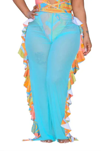 MB FASHION High-Waisted Mesh Pants with Ruffle Side Detail 1615