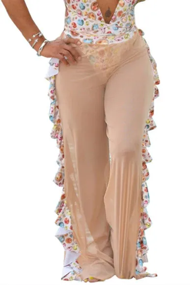 MB FASHION High-Waisted Mesh Pants with Ruffle Side Detail 1615