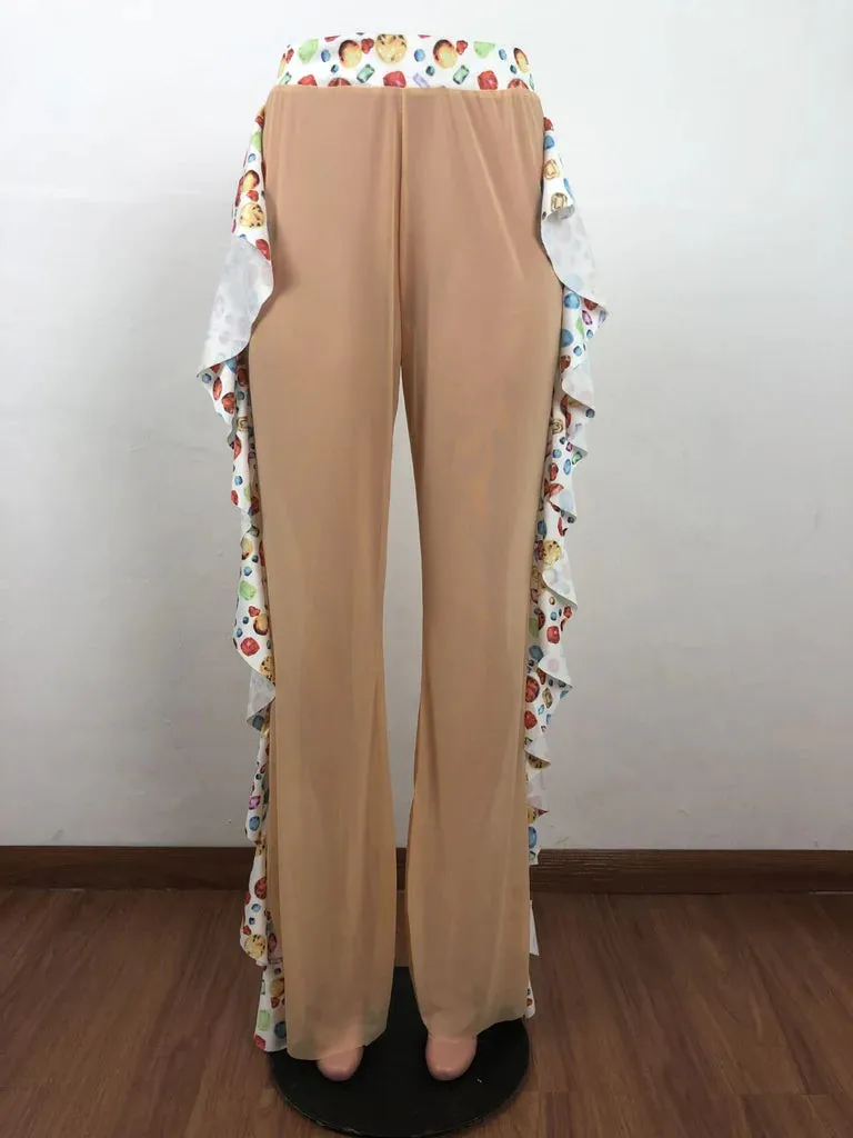 MB FASHION High-Waisted Mesh Pants with Ruffle Side Detail 1615