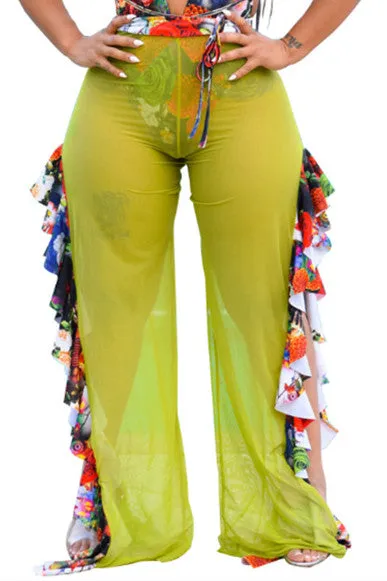 MB FASHION High-Waisted Mesh Pants with Ruffle Side Detail 1615