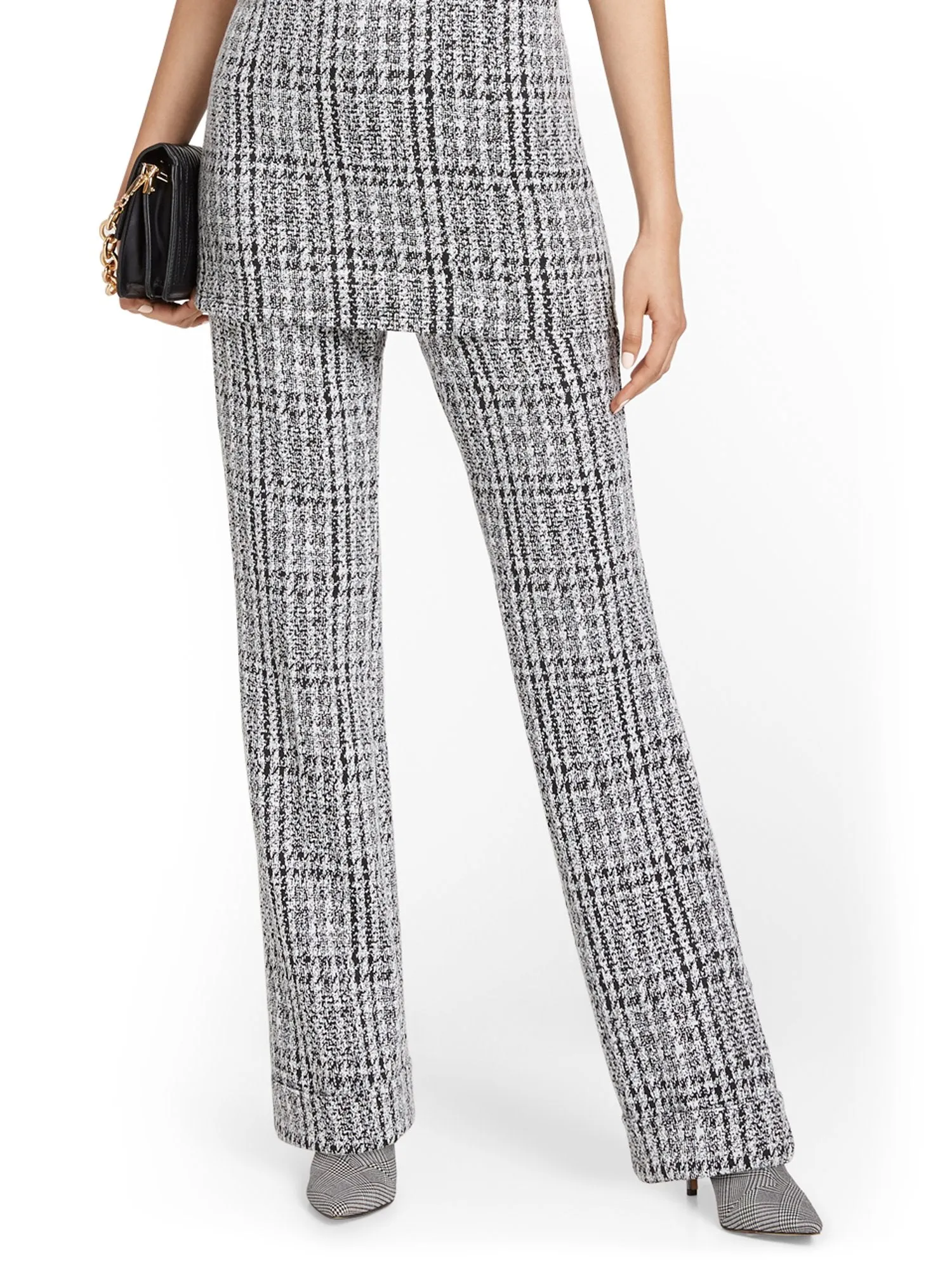 Pull-On Tweed-Print Belted Wide-Leg Ponte Pant - Superflex