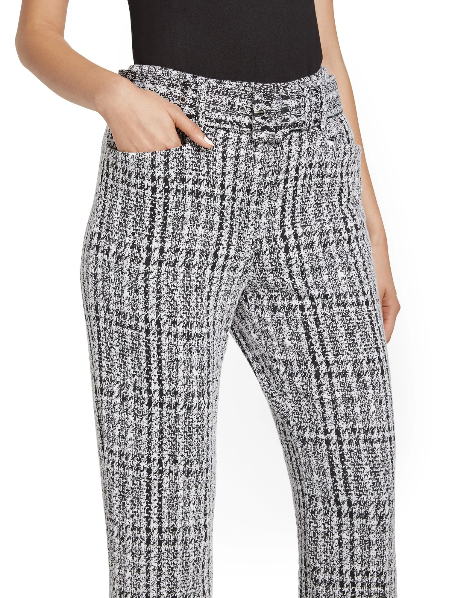 Pull-On Tweed-Print Belted Wide-Leg Ponte Pant - Superflex