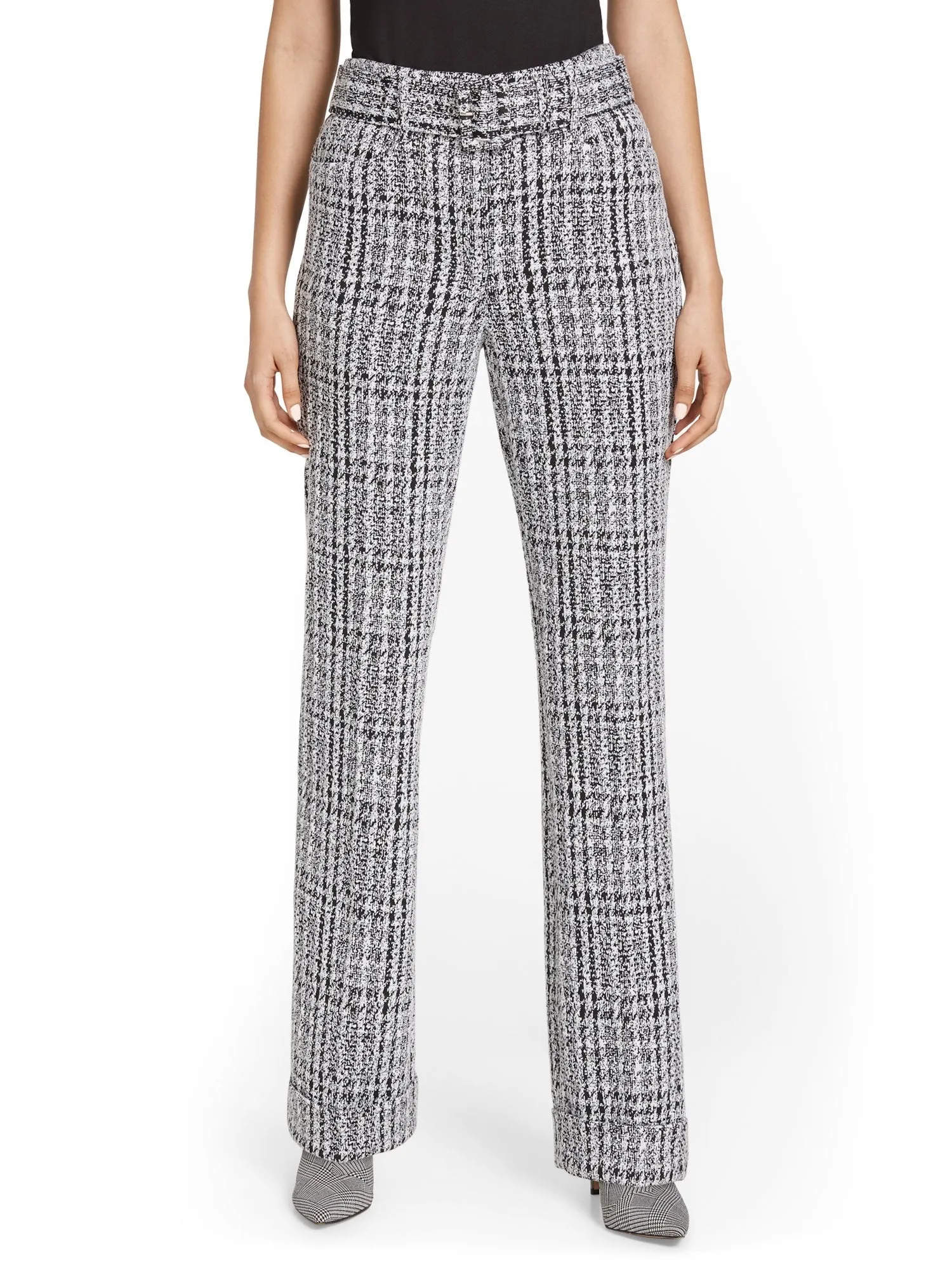 Pull-On Tweed-Print Belted Wide-Leg Ponte Pant - Superflex