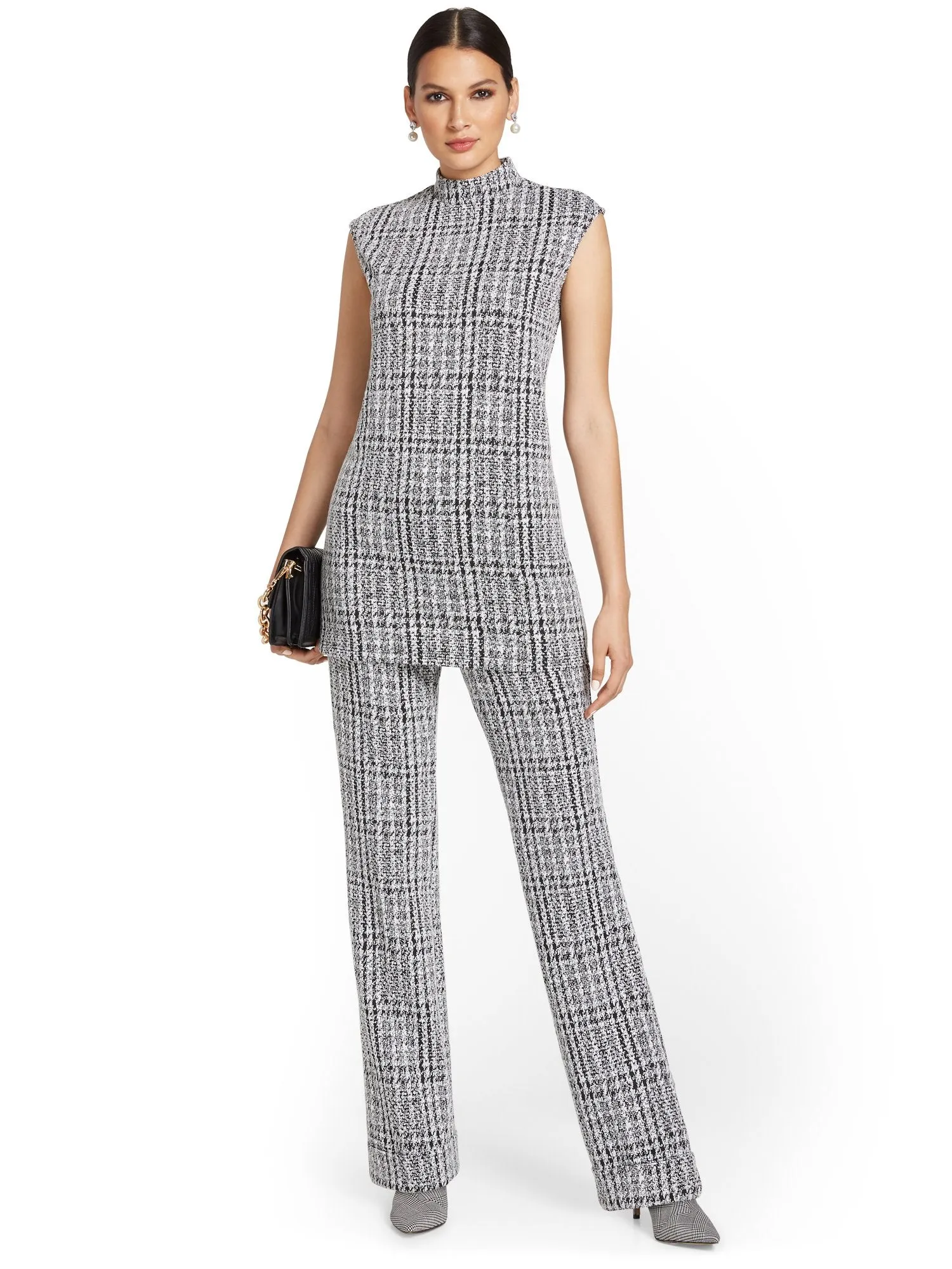 Pull-On Tweed-Print Belted Wide-Leg Ponte Pant - Superflex