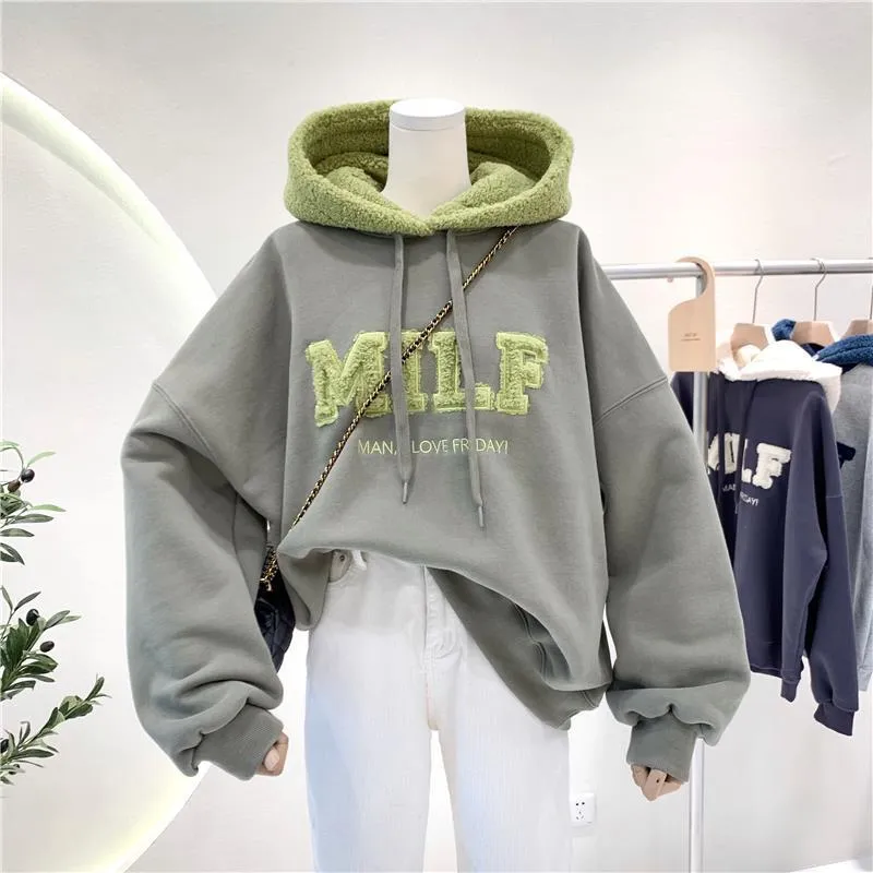 Romildi Hoodies Women's Sweatshirts Letter Print Lamb Wool Pullovers Loose Korean Style Jacket Full Sleeve Casual Tops