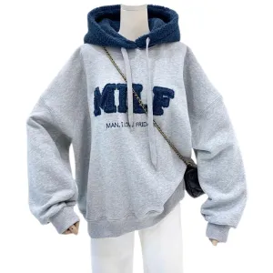 Romildi Hoodies Women's Sweatshirts Letter Print Lamb Wool Pullovers Loose Korean Style Jacket Full Sleeve Casual Tops