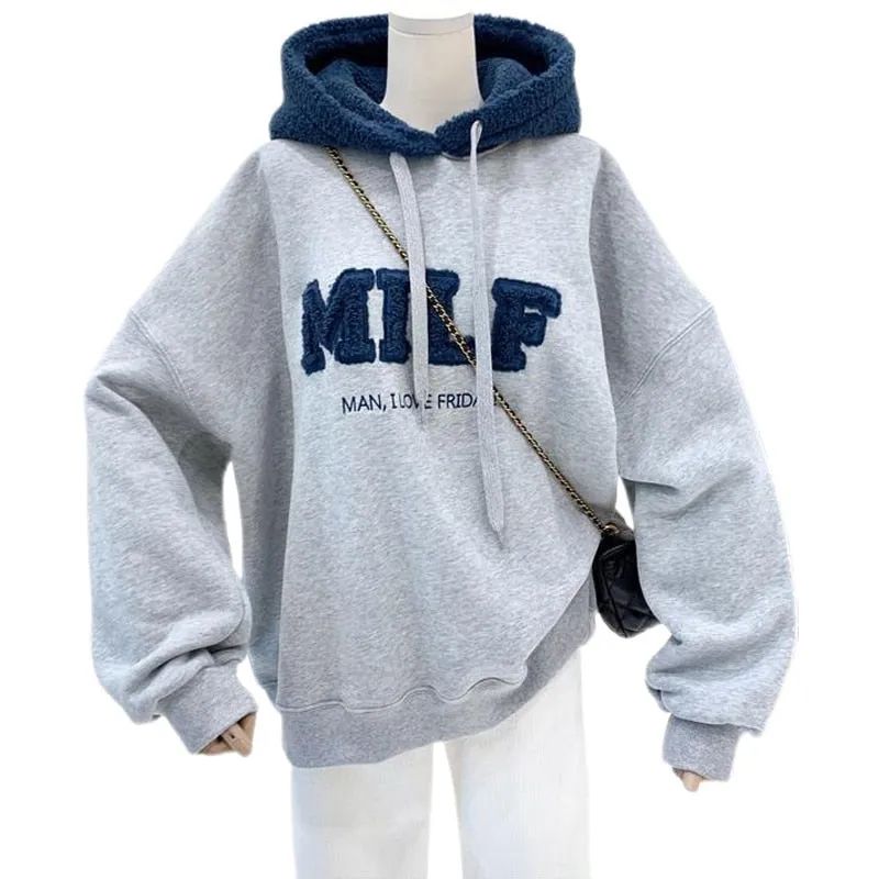 Romildi Hoodies Women's Sweatshirts Letter Print Lamb Wool Pullovers Loose Korean Style Jacket Full Sleeve Casual Tops