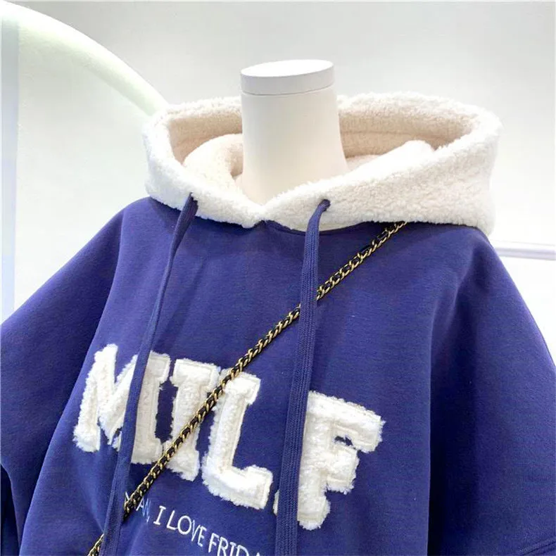 Romildi Hoodies Women's Sweatshirts Letter Print Lamb Wool Pullovers Loose Korean Style Jacket Full Sleeve Casual Tops