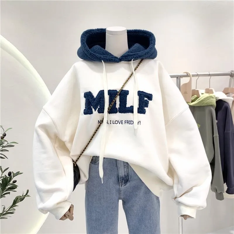 Romildi Hoodies Women's Sweatshirts Letter Print Lamb Wool Pullovers Loose Korean Style Jacket Full Sleeve Casual Tops